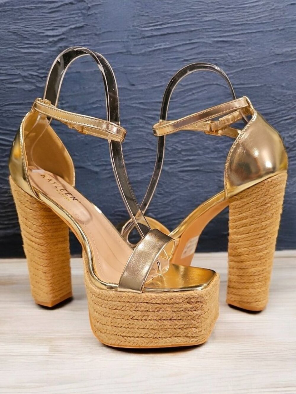 Gold Platform Espadrille High Heel Sandals With Ankle Strap Faux Leather & Braid